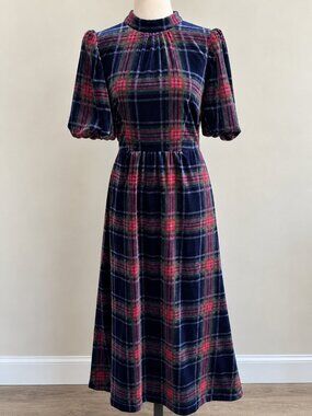 NWT Boden High Neck Plaid Velvet Midi Dress 6R Statement Puff Sleeve Party